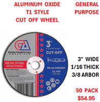 3"  X  1/16  X  3/8  ALUMINUM OXIDE  T-1 METAL  CUTTING  WHEEL   (50 PACK)
