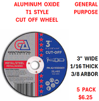 3"  X  1/16  X  3/8  ALUMINUM OXIDE  T-1 METAL  CUTTING  WHEEL   (5 PACK)
