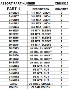 XBNSS25  NTA NUTS SLEEVES INSERTS BRASS ASSORTMENT