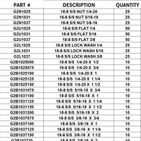 XG2N1025 DRAWER 18-8 STAINLESS STEEL BOLTS 1/4-20, 5/16-18, 3/8-16