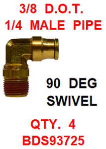 BDS93725  3/8  X  1/4  D.O.T.  MALE  CONNECTOR 90 DEGREES W/ SWIVEL (4 PACK)