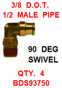 BDS93750  3/8  X  1/2  D.O.T.  MALE  CONNECTOR 90 DEGREES W/ SWIVEL (4 PACK)