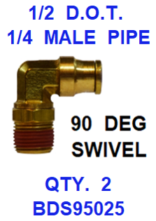 BDS95025  1/2  X  1/4  D.O.T.  MALE  CONNECTOR 90 DEGREES W/ SWIVEL (2 PACK)