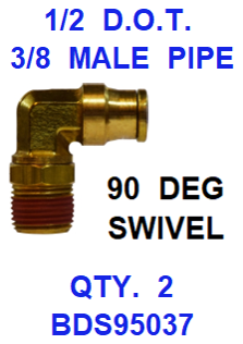 BDS95037  1/2  X  3/8  D.O.T.  MALE  CONNECTOR 90 DEGREES W/ SWIVEL (2 PACK)