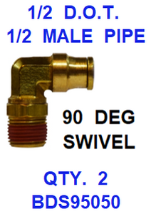 BDS95050  1/2  X  1/2  D.O.T.  MALE  CONNECTOR 90 DEGREES W/ SWIVEL (2 PACK)