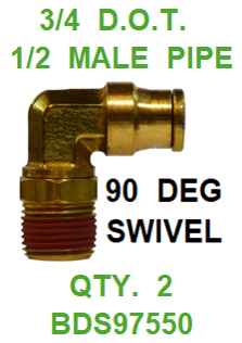 BDS97550  3/4  X  1/2  D.O.T.  MALE  CONNECTOR 90 DEGREES W/ SWIVEL (2 PACK)