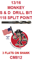 CM812  13/16  MONKEY  S & D  DRILL  BIT  WITH 3  FLATS  ON  SHANK

