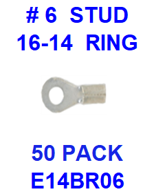 E14BR06  #6  NON INSULATED  16-14  GAUGE  RING  TERMINAL (50 PACK)