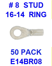 E14BR08  #8  NON INSULATED  16-14  GAUGE  RING  TERMINAL (50 PACK)