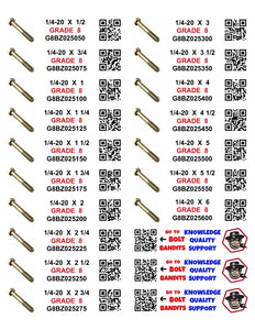 DIY 1" X 4" LABELS GRADE 8 COARSE THREAD 1/4-20 TO  1"-8 (LABELS ONLY)