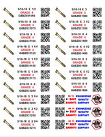 DIY 1" X 4" LABELS GRADE 8 COARSE THREAD 1/4-20 TO  1"-8 (LABELS ONLY)
