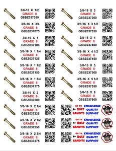 DIY 1" X 4" LABELS GRADE 8 COARSE THREAD 1/4-20 TO  1"-8 (LABELS ONLY)