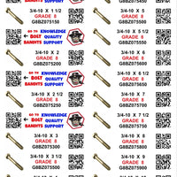 DIY 1" X 4" LABELS GRADE 8 COARSE THREAD 1/4-20 TO  1"-8 (LABELS ONLY)