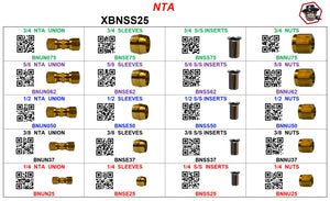 XBNSS25  NTA NUTS SLEEVES INSERTS BRASS ASSORTMENT